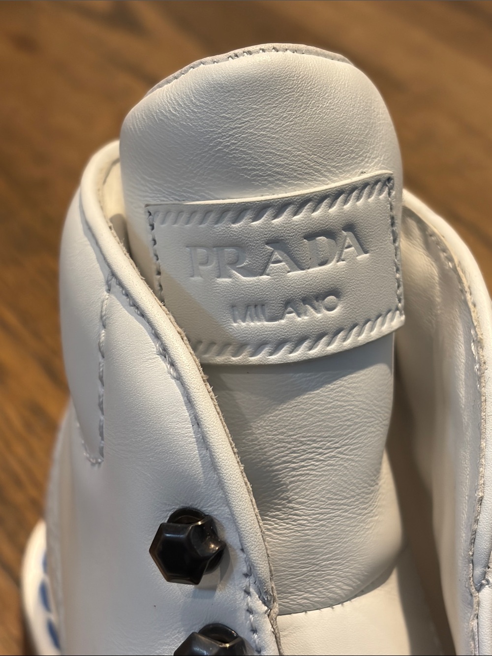 Prada White Leather Lace-Up Boots with Green Toe - Picture 3 of 16